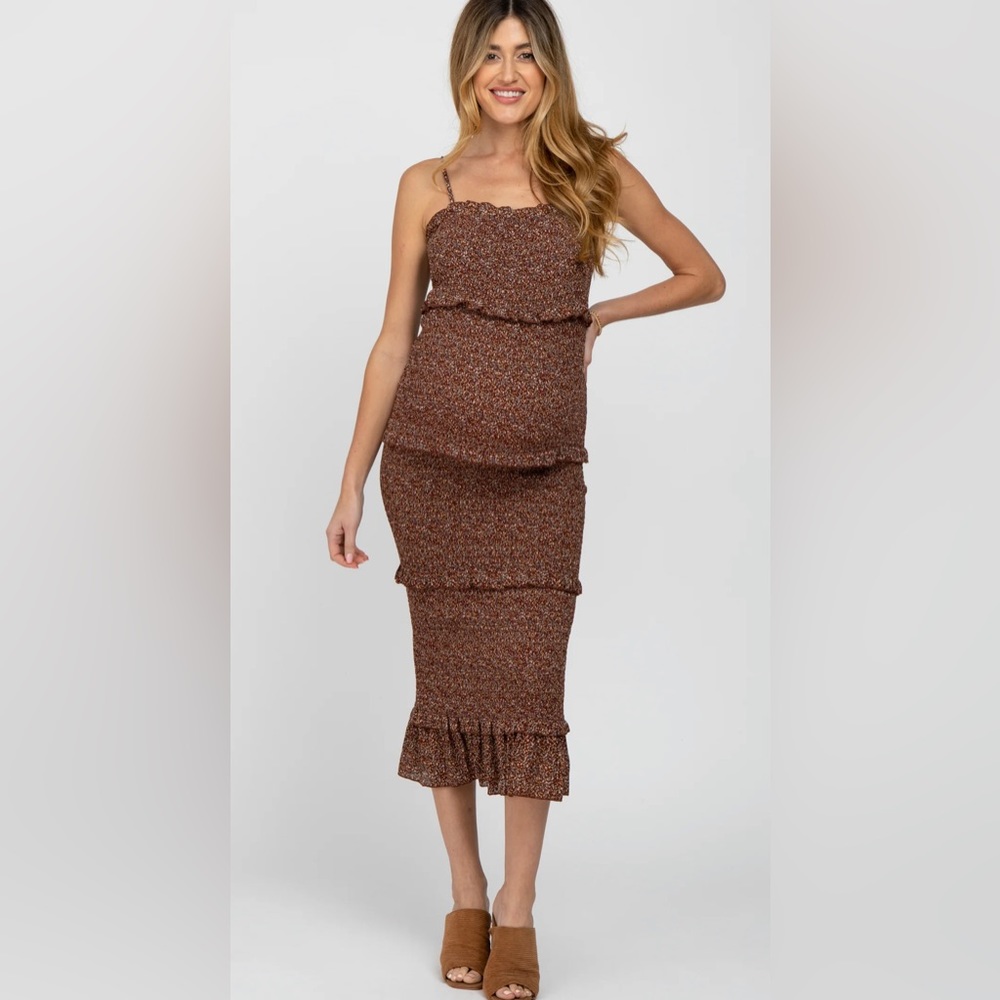 Pink Blush Burgundy Floral Print Smocked Fitted Maternity Midi Dress
